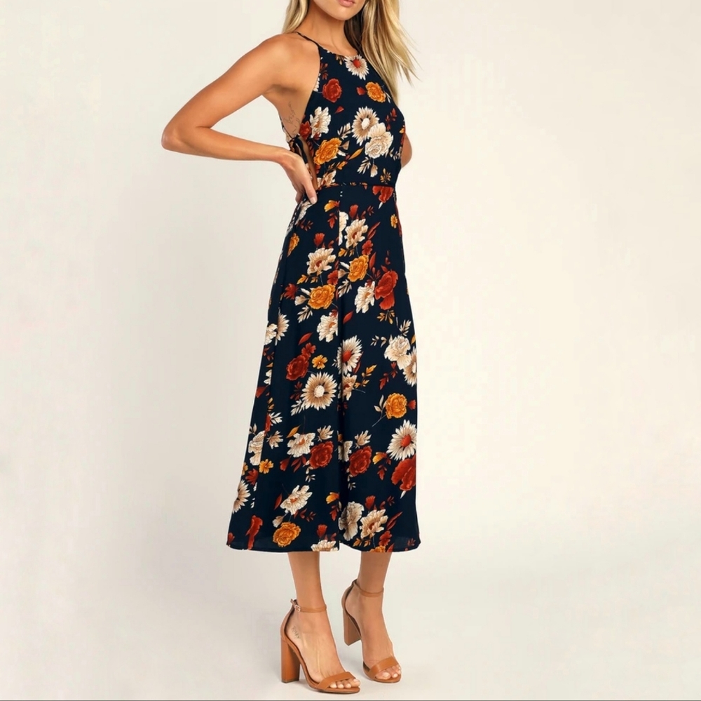 NWT Lulus Flourishing Flirt Navy Blue Floral Cutout Halter Midi Dress - Picture 2 of 8
